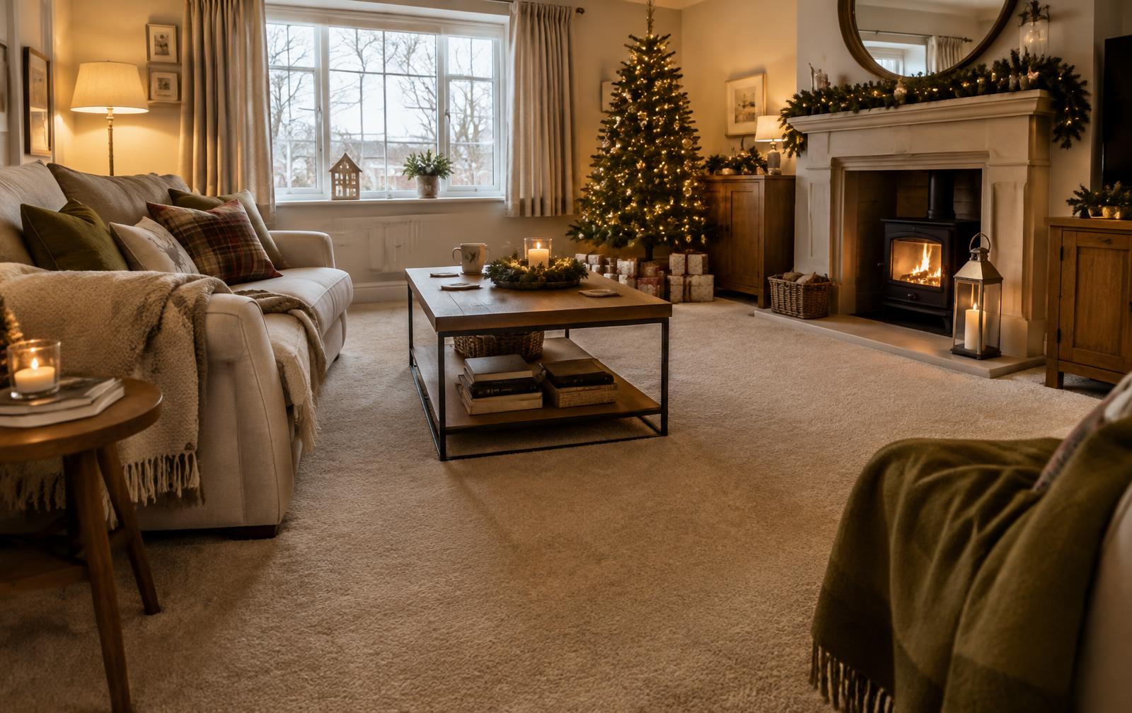 Living room with new carpet fitted in Burnley